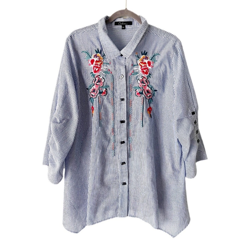 Calessa Seersucker Stripe Floral Embroidered Mixed Media Top Size 2X